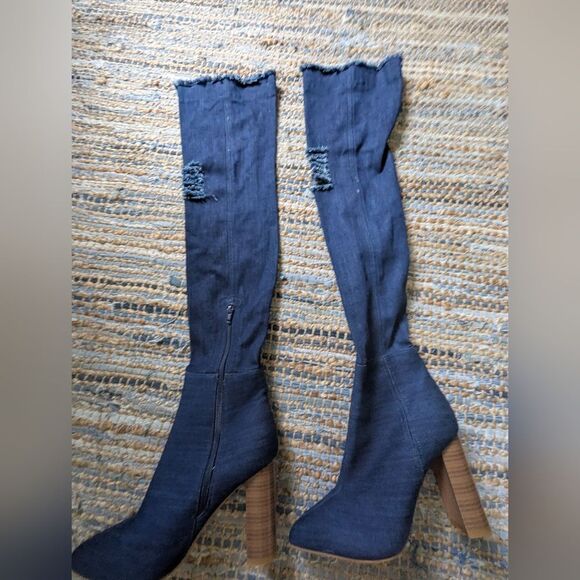 Denim Over The Knee Boots 9 Pointed Toe Distressed Tall Heels Y2K Wood Block Hee - Picture 2 of 10